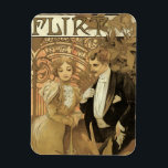 art nouveau flirt koekjes, Alphonse Mucha Magneet<br><div class="desc">illustratie franse Art Nouveau adverteren het ontwerp van het poster voor Flirt Biscuits door Alphons Mucha. c. 1899. Dit reclameontwerp voor liefde en romance is uitgerust met een nieuw bruid en bruinkoppel dat flirt. De vrouw zit in een elegante Victoriaans trouwjurk en het man zit in een dapper, fancy tuxedo....</div>