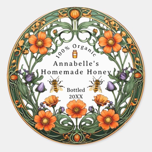 Art Nouveau Floral Boarder Zelfgemaakte Honing Ronde Sticker (Voorkant)