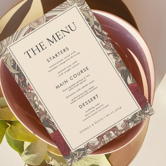  Art Nouveau Floral Bourgondië bruiloft Menu