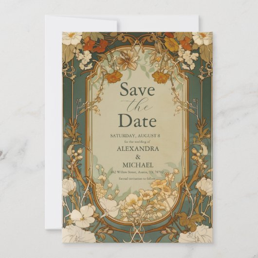 Art Nouveau Floral bruiloft Save The Date (Voorkant)