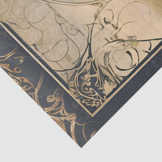 Art Nouveau Floral Castle Navy n Gold Ephemera 5B Tissuepapier (Detail)