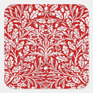 Art Nouveau Floral Damask, Deep Red en White Vierkante Sticker