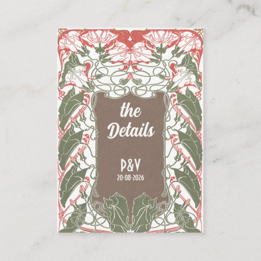 Art Nouveau Floral Elegance 2 Bruiloftsdetails Informatiekaartje (Achterkant)