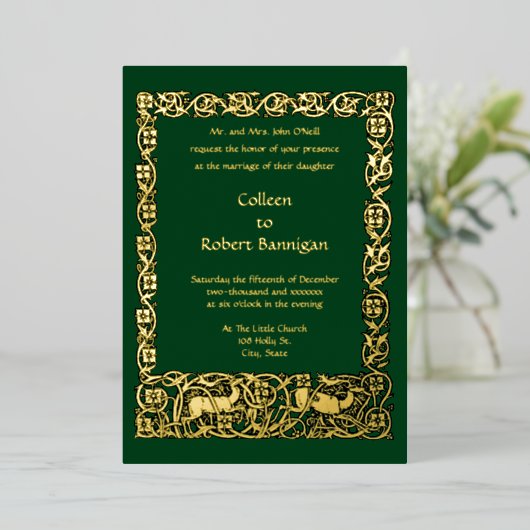  Art Nouveau Floral Foliage & Deer Border Folie Uitnodiging (Staand Voorkant)