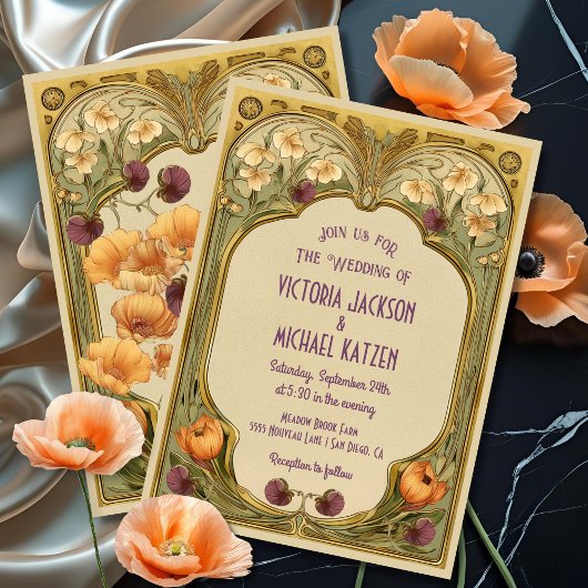 Art Nouveau Floral Frame Wedding Invitation Kaart