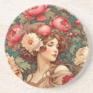 Art Nouveau Floral Fruit Vrouw Onderzetter