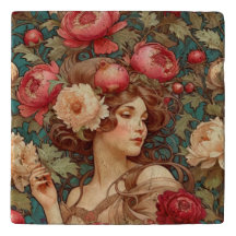 Art Nouveau Floral Fruit Vrouw Trivet