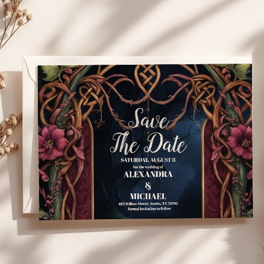 Art Nouveau Floral Gothic Halloween Huwelijk Save The Date