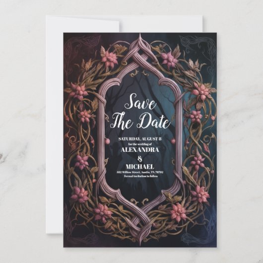 Art Nouveau Floral Gothic Halloween Huwelijk Save The Date (Voorkant)