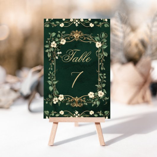 Art Nouveau Floral Green Gold Wedding table number Kaart