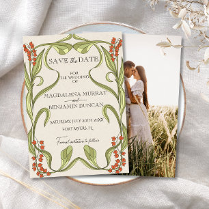 Art Nouveau Floral Lijst Sinaasappel Groene Foto Save The Date