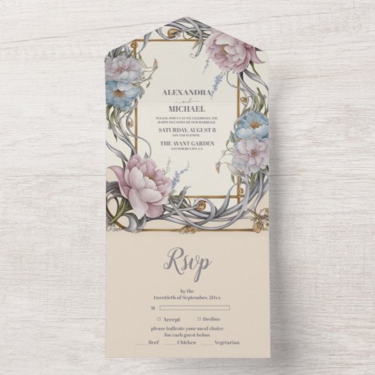  Art Nouveau Floral Paarse bruiloft All In One Uitnodiging (Binnen)