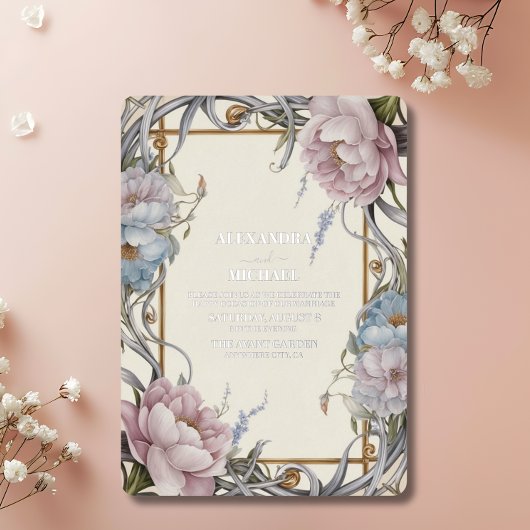  Art Nouveau Floral Paarse bruiloft Folie Uitnodiging