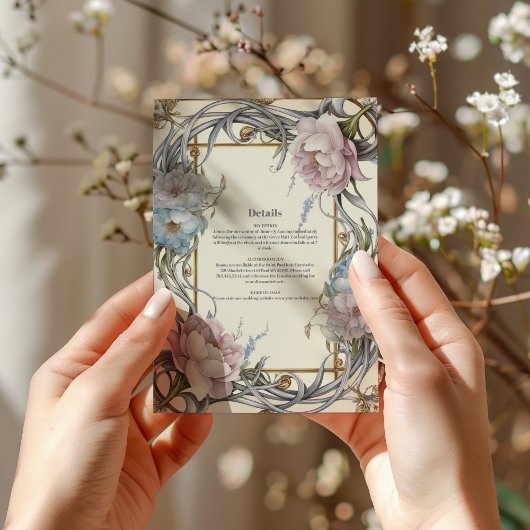  Art Nouveau Floral Paarse bruiloft Informatiekaartje
