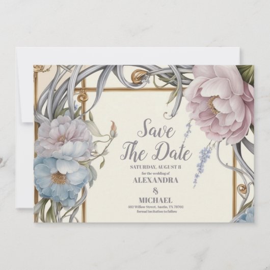  Art Nouveau Floral Paarse bruiloft Save The Date (Voorkant)