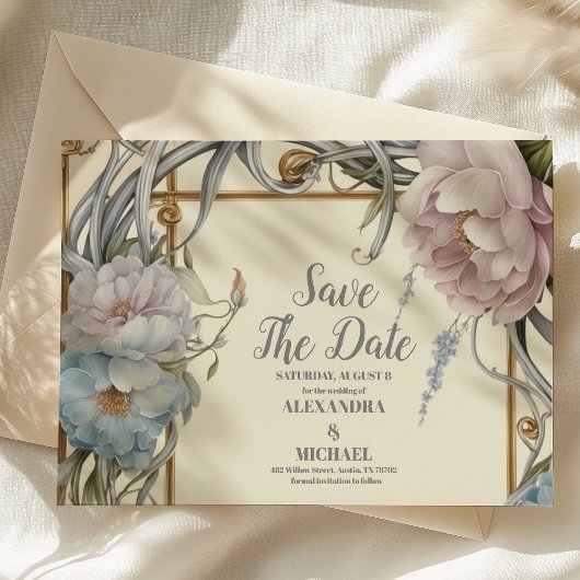 Art Nouveau Floral Paarse bruiloft Save The Date