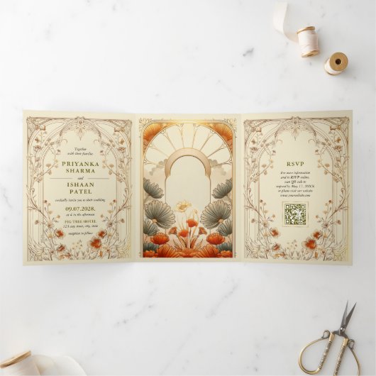 Art Nouveau Floral Unieke QR-code Alles in één Drieluik Uitnodiging (Binnen)