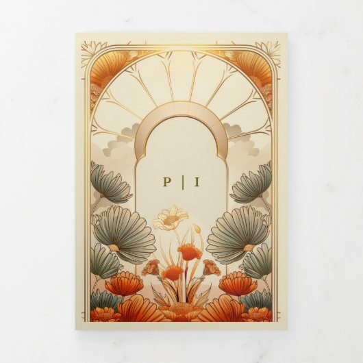 Art Nouveau Floral Unieke QR-code Alles in één Drieluik Uitnodiging (Cover)