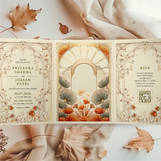Art Nouveau Floral Unieke QR-code Alles in één Drieluik Uitnodiging