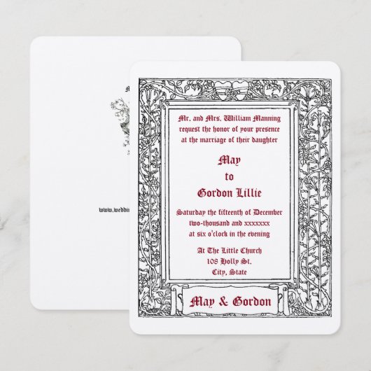 Art Nouveau Floral Vine Border & Hearts Bruiloft Kaart (Voorkant / Achterkant)