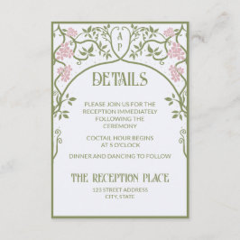 Art Nouveau Floral Wedding Green and Pink Informatiekaartje