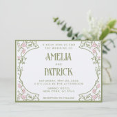Art Nouveau Floral Wedding Green and Pink Kaart (Staand voorkant)