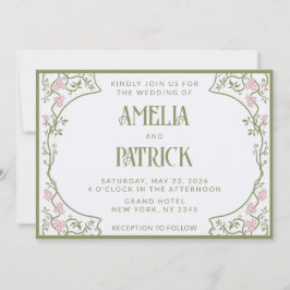 Art Nouveau Floral Wedding Green and Pink Kaart