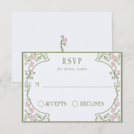 Art Nouveau Floral Wedding Green and Pink RSVP Kaartje