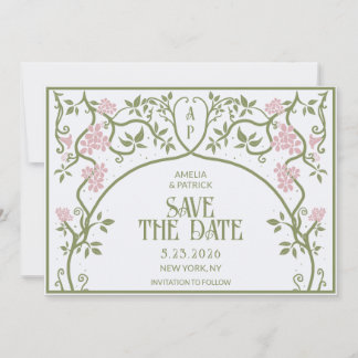 Art Nouveau Floral Wedding Green and Pink Save The Date