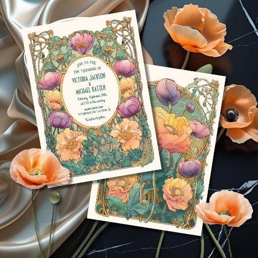 Art Nouveau Floral Wedding Invitation Kaart