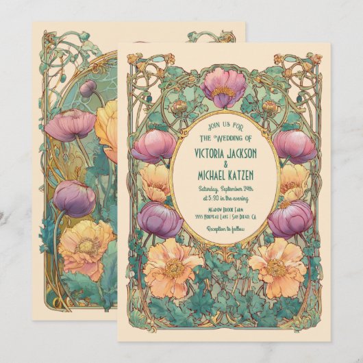 Art Nouveau Floral Wedding Invitation Kaart (Voorkant / Achterkant)