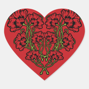 Art Nouveau Flower Heart Red Hart Sticker