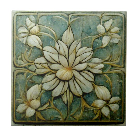 Art Nouveau Flowers on Muted French Pastel Blue Tegeltje (Voorkant)