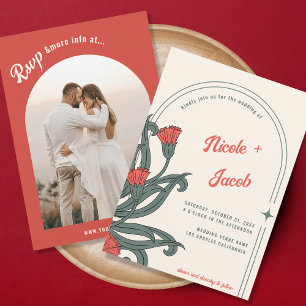 Art Nouveau Folk Bloemen Boho Retro Bruiloft Kaart