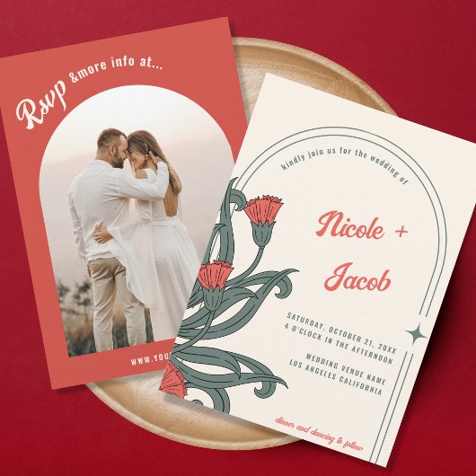  Art Nouveau Folk Bloemen Boho Retro Bruiloft Kaart