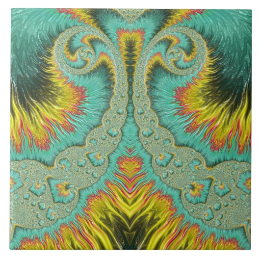 Art Nouveau Fractal Turquoise Feathers Fountain Tegeltje (Voorkant)