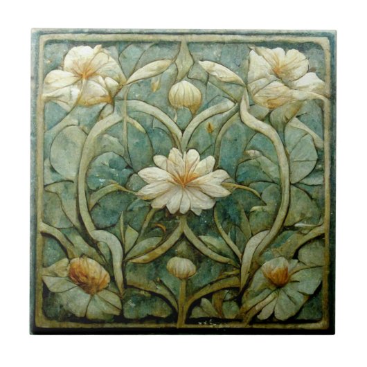 Art Nouveau, Frans Witte Floral, Decoratief Blauw Tegeltje (Voorkant)
