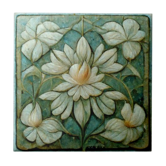 Art Nouveau French White Floral, Blue  Art Tegeltje (Voorkant)
