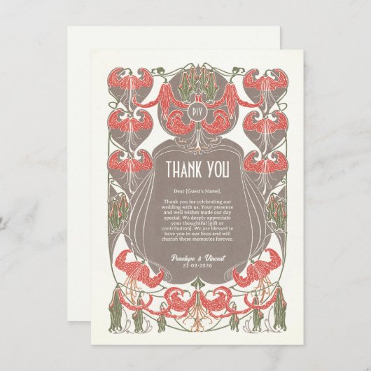 Art Nouveau Fuchsia Elegantie Dank u Bedankkaart (Voorkant / Achterkant)