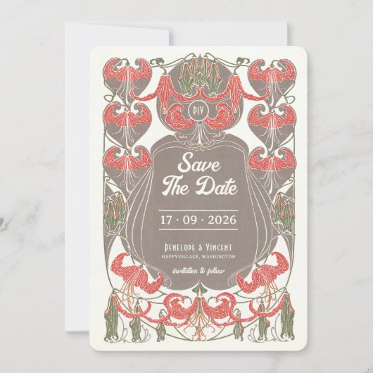 Art Nouveau Fuchsia Elegantie Save the Date Kaart (Voorkant)