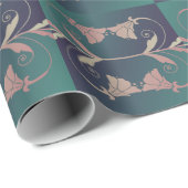 Art nouveau fuschia bloem roze blauw groen elegant cadeaupapier (Rol Hoek)