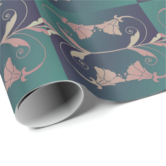 Art nouveau fuschia bloem roze blauw groen elegant cadeaupapier (Rol Hoek)