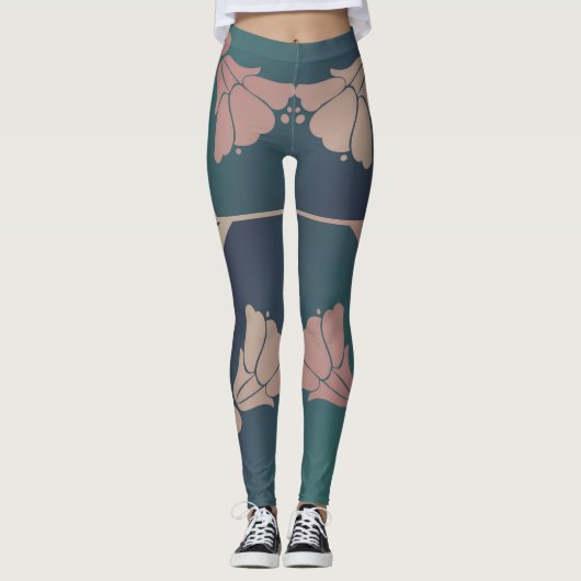 Art nouveau fuschia flower blauw groen roze leggings (Voorkant)