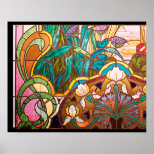 Art nouveau gebrandschilderd glas bloemmotief poster