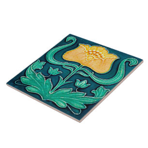Art Nouveau Geel Bloemenontwerp Keramische Tegel. Tegeltje