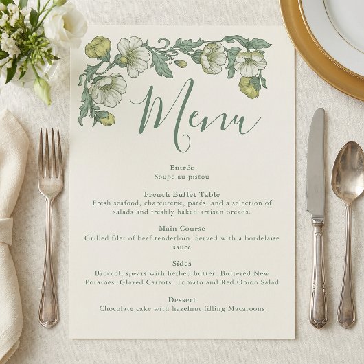 Art Nouveau Geel Salie Bloem Bruiloftsmenu Menu