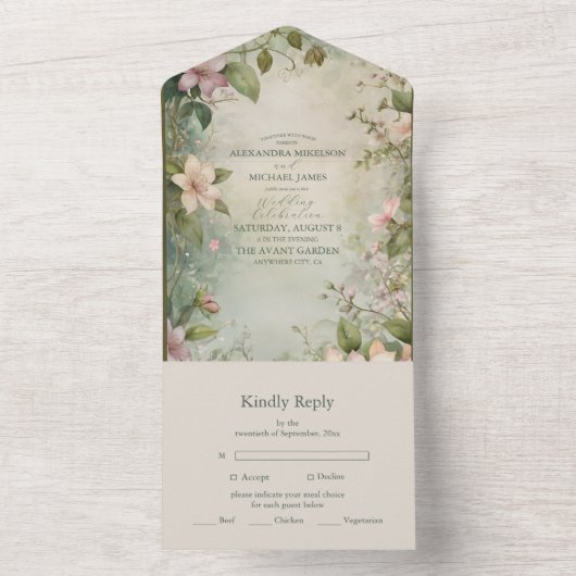 Art Nouveau Geïnspireerd Bloemensymfonie Bruiloft All In One Uitnodiging (Binnen)