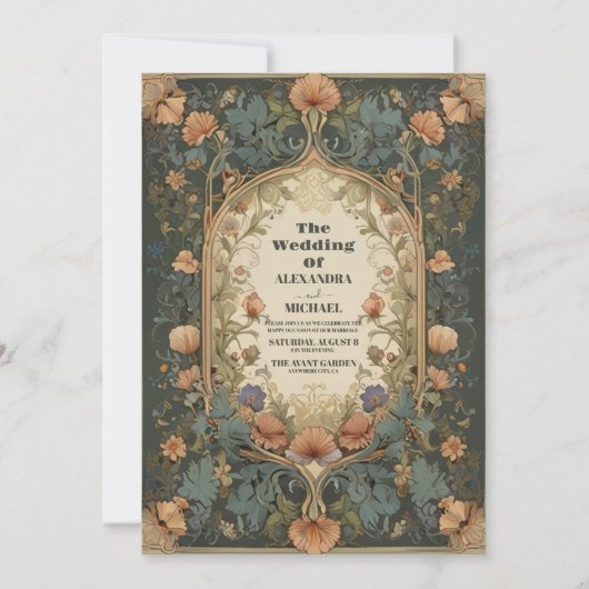 Art Nouveau Geïnspireerd Bloemensymfonie Bruiloft Kaart (Voorkant)