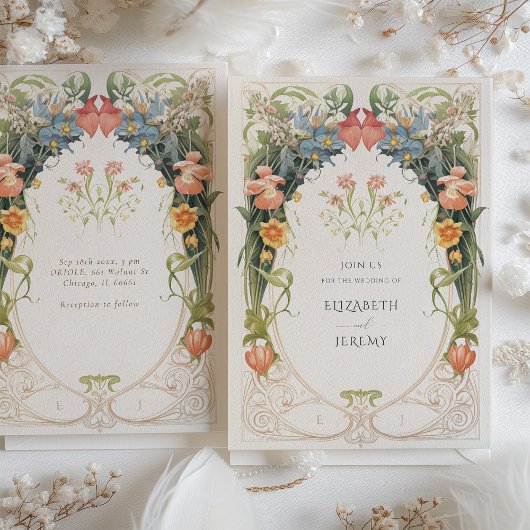 Art Nouveau Geïnspireerd Bloemensymfonie Bruiloft Kaart