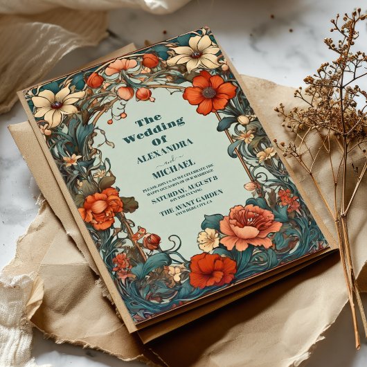 Art Nouveau Geïnspireerd Bloemensymfonie Bruiloft Kaart
